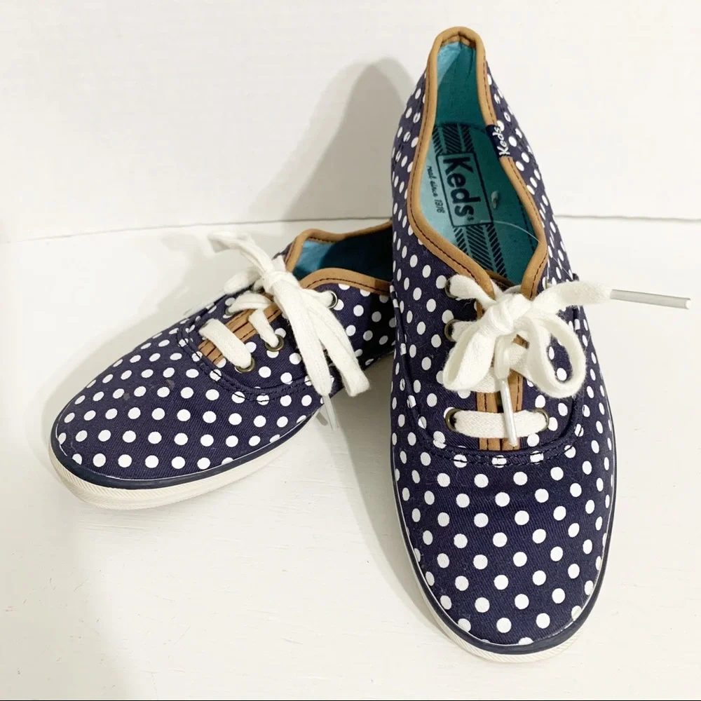Keds Classic Champion Navy Blue and White Polka Dot Canvas Sneakers Tan Trims